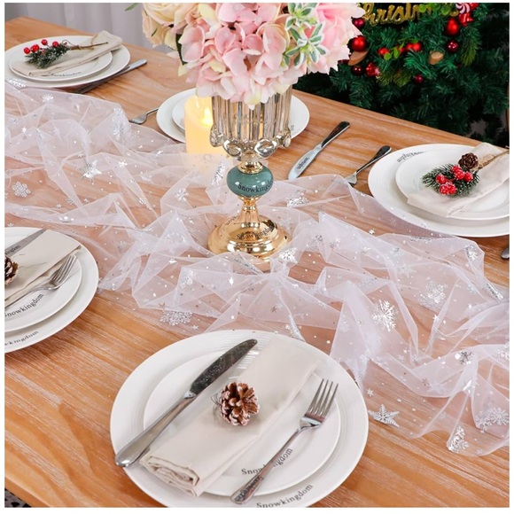 Snowflake Runner Silver 120 Inch Sheer Chiffon Gauze Runner, Winter Decoration - Picture 9 of 14